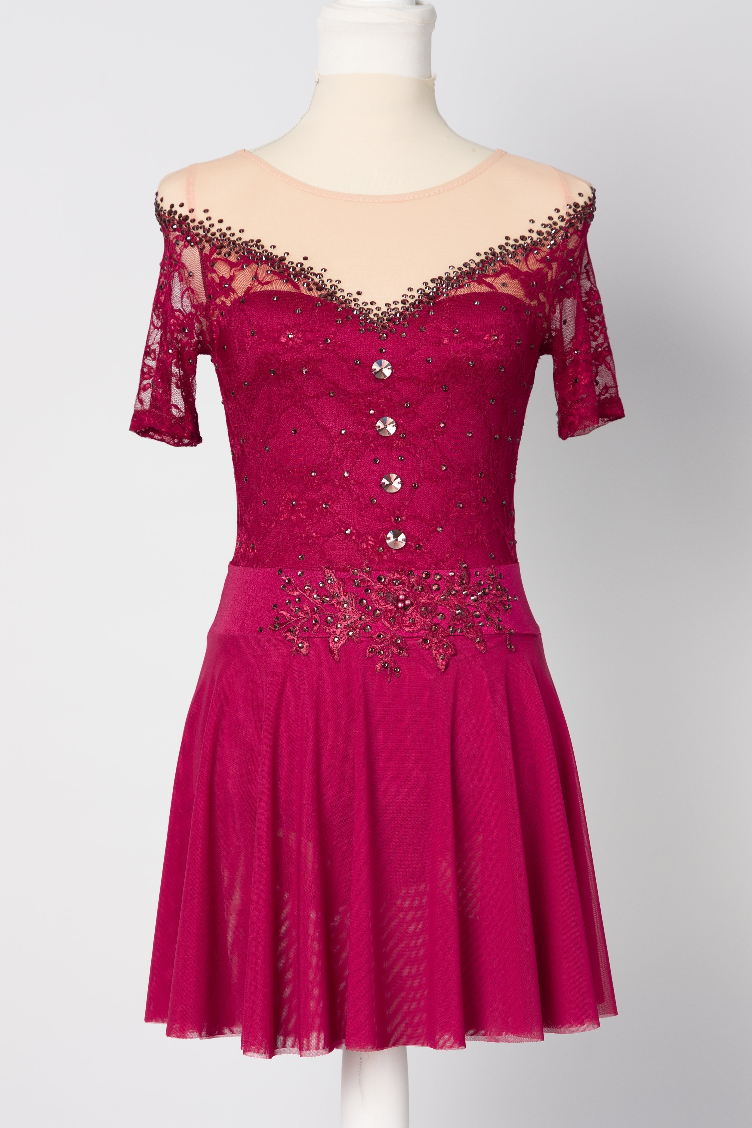 Raspberry 1940's dress with lace trim details and buttons down the front