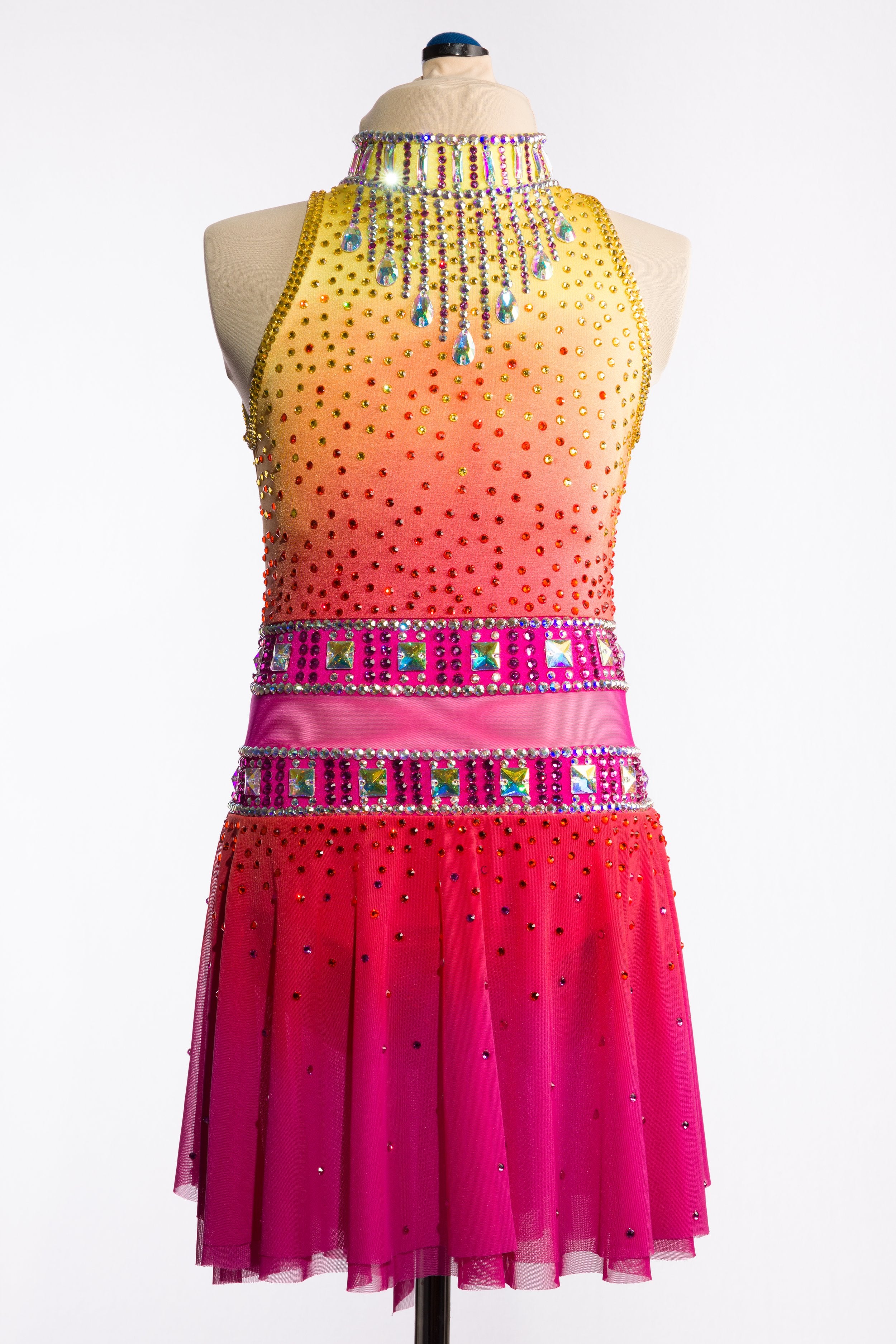Fiery gradient raspberry to yellow dress with rhinestone accent bands
