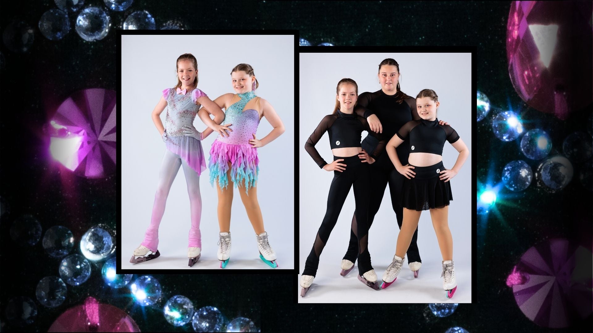 Two young figure skaters in their Alexice custom outfits, along with three young skaters wearing the Alexice Icessentials collection of elegant practicewear.